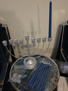 NEW Silver Menorah with Blue Flameless Candles
